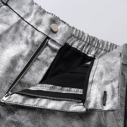 Personality Trend Retro silver Men's High Street Loose Metal Texture Straight Long Pants Workwear Durable Urban Fashion