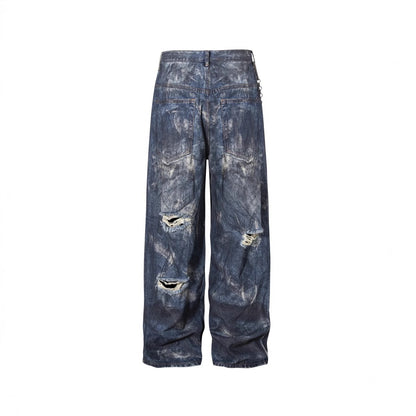 High-End European Version Spring Summer Men's Jeans Slim Straight Stretch Washed Ripped Wide-Leg Men's Pants