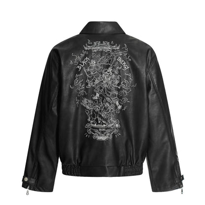 European and American Heavy Embroidery Lapel Loose Short Zipper Leather Jacket Coat