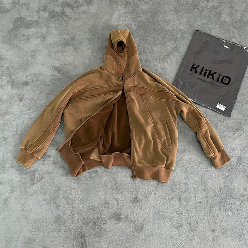 Autumn Winter New American Style Vintage Personality Street Washed Heavy-duty Sweatshirt Fashion Trendy Brand Round Neck Long Sleeve Cardigan Outerwear