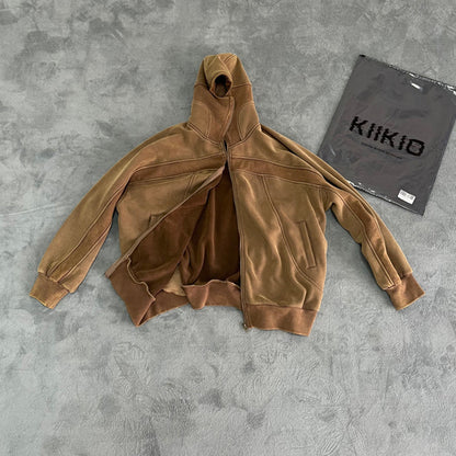 Autumn Winter New American Style Vintage Personality Street Washed Heavy-duty Sweatshirt Fashion Trendy Brand Round Neck Long Sleeve Cardigan Outerwear