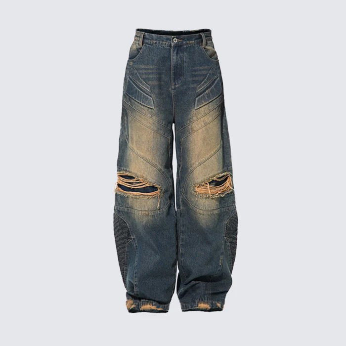 GUOWEAE Street Style Ripped Patchwork Jeans for Men Loose Fit Multi-Pocket Design Personality Long Pants Trendy Brand