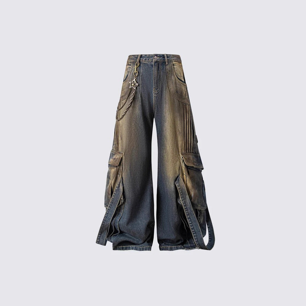 European and American Heavy Washed Multi-Pocket Jeans for Men Street Retro Loose Vintage Design Wide-Leg Floor-Length Pants