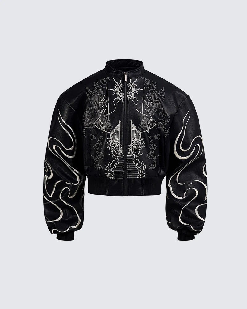 Gothic Style Embroidered Short Leather Jacket for Men and Women, Autumn Stand Collar Motorcycle Short Sleeve Jacket