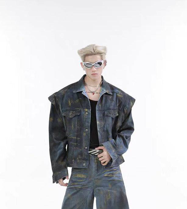 Spring and Autumn Med Vintage Scratched Denim Jacket for Men, Casual Loose Straight-Leg Pants