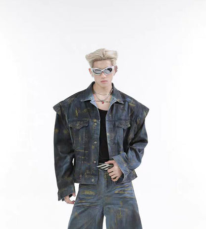 Spring and Autumn Med Vintage Scratched Denim Jacket for Men, Casual Loose Straight-Leg Pants