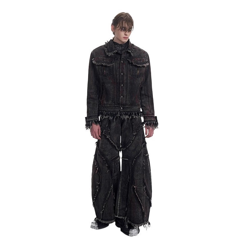 American High Street Vintage Structure Patchwork Frayed Scimitar Jeans for Men Spring Color-Washed Wide-Leg Pants Stylish