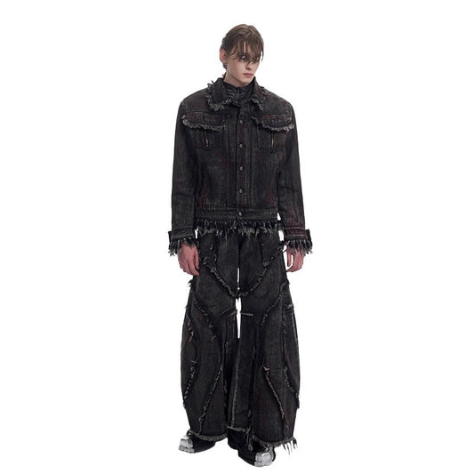 American High Street Vintage Structure Patchwork Frayed Scimitar Jeans for Men Spring Color-Washed Wide-Leg Pants Stylish