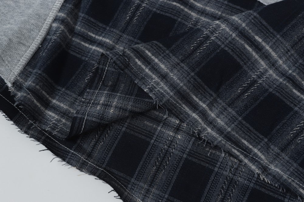 2025New Fake Two-Piece Distressed Plaid Patchwork Hooded Sweatshirt Unisex American Style Niche Loose Hoodie Trendy