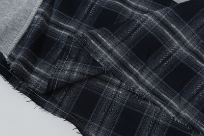 2025New Fake Two-Piece Distressed Plaid Patchwork Hooded Sweatshirt Unisex American Style Niche Loose Hoodie Trendy