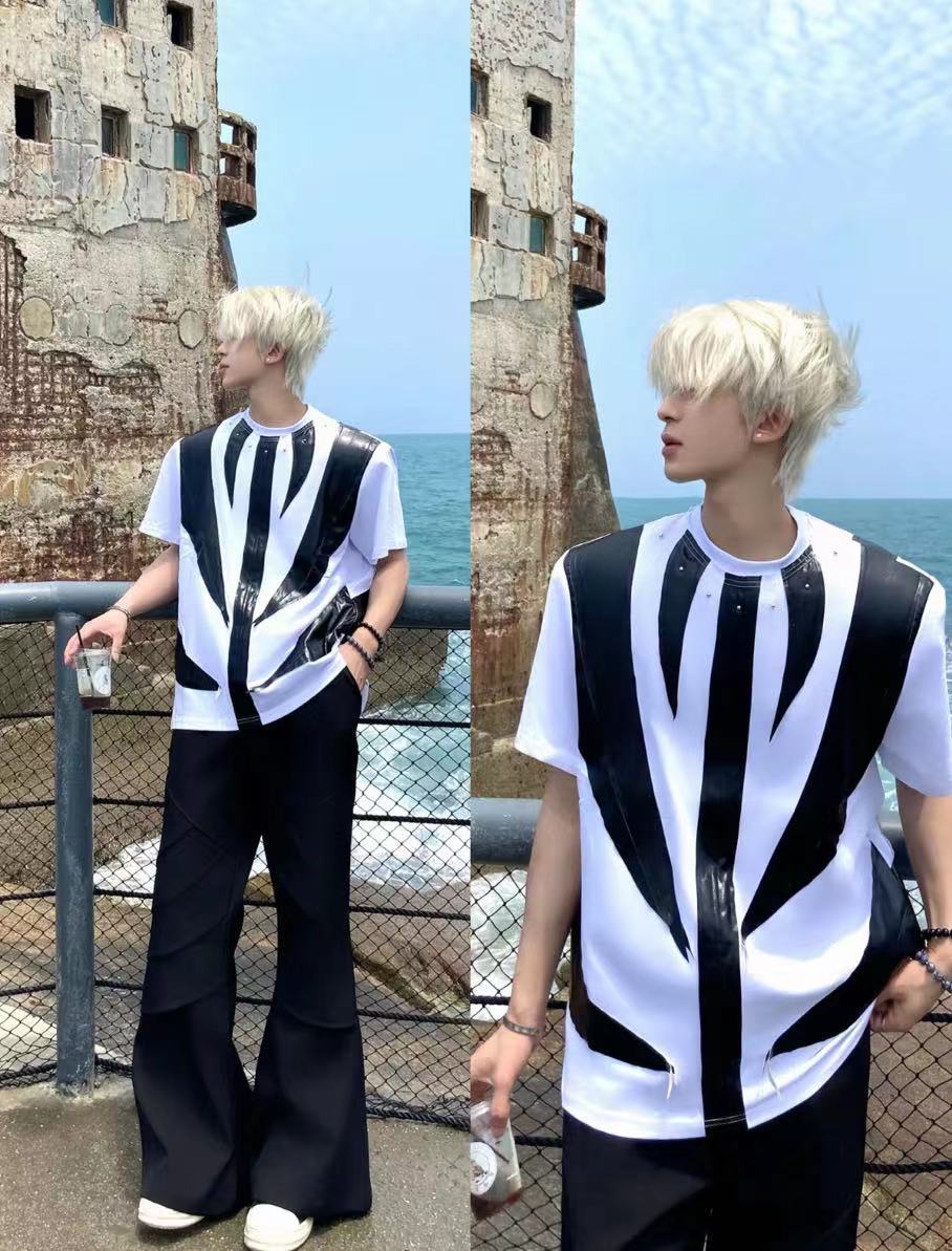 2025Summer New Men's High Street ins Wind Short Sleeve Stylish Color Block Design T T-shirt Breathable