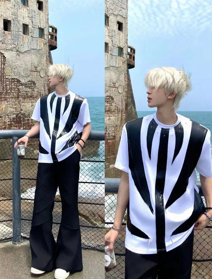 2025Summer New Men's High Street ins Wind Short Sleeve Stylish Color Block Design T T-shirt Breathable