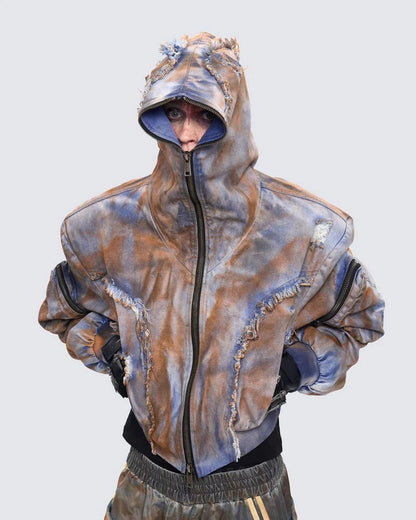 Desert-style short hooded denim jacket for men, distressed mud-dyed fake two-piece with broken structure frayed jeans