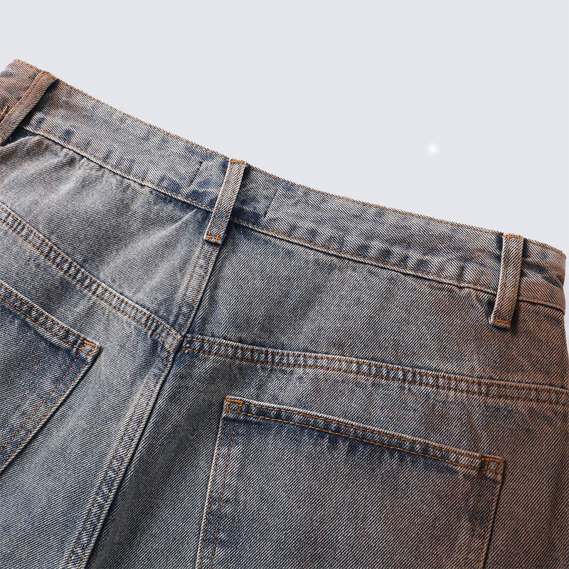 Fashionable retro jeans with multi-functional detachable pocket design, straight-leg pants suitable for both men and women, for relaxed and casual wear.