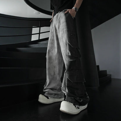 American Retro Wasteland Washed Vintage Multi-Pocket Cargo Pants Unisex Trendy Loose Straight Wide-Leg Casual Long Pants