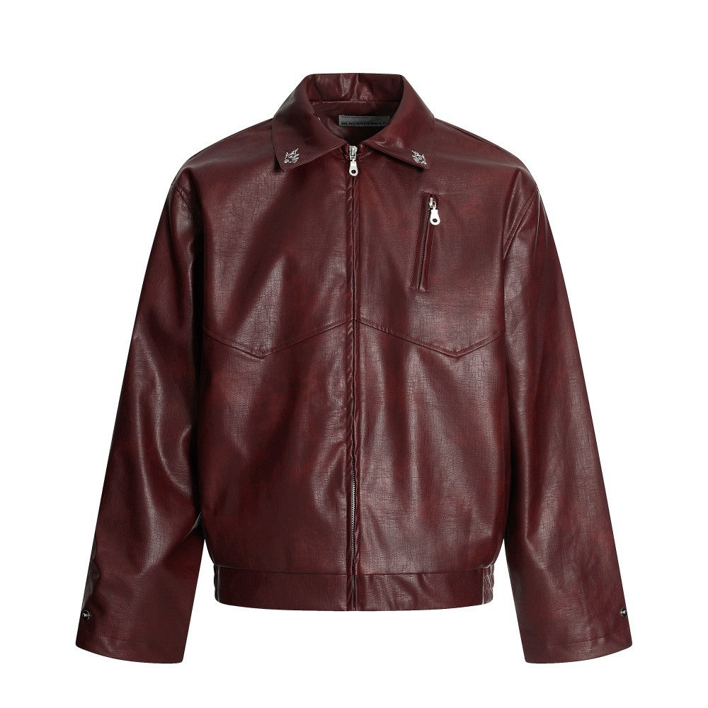 European and American Heavy Embroidery Lapel Loose Short Zipper Leather Jacket Coat
