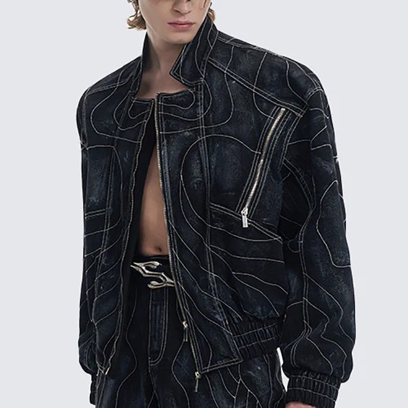 High Street Functional Style Patchwork Embroidered Distressed Denim Jacket Outerwear with 3D Draping Design Short Jacket Fashion Brand