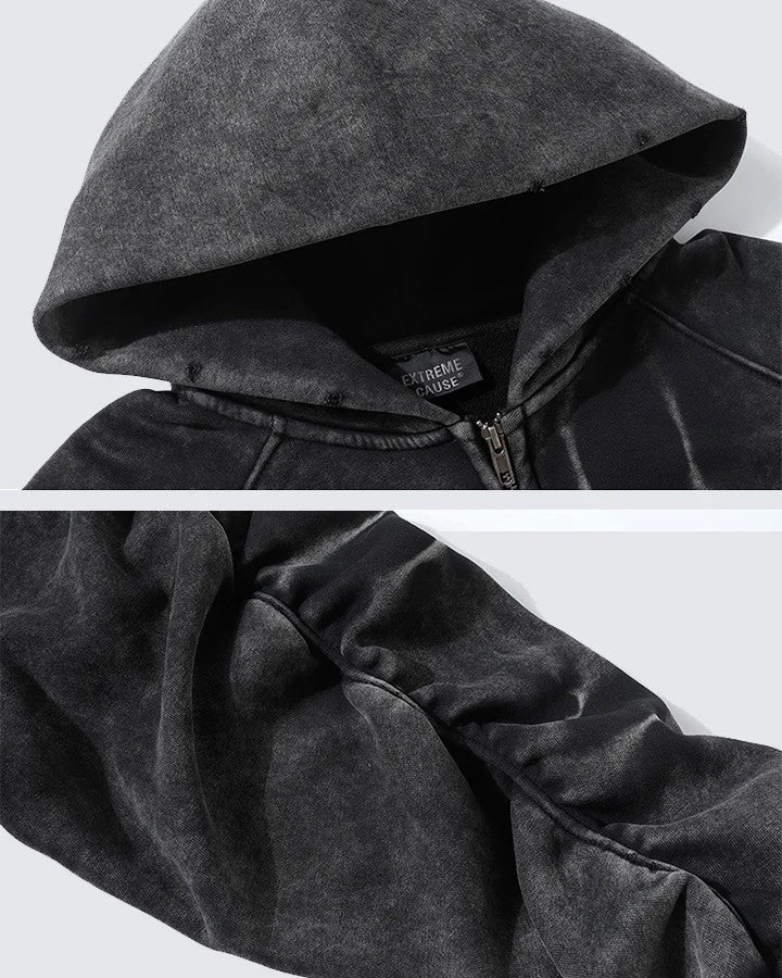 American High Street Vintage Washed Wrinkled Sleeve Hooded Fleece Men's Niche Embroidered Jacket Trendy