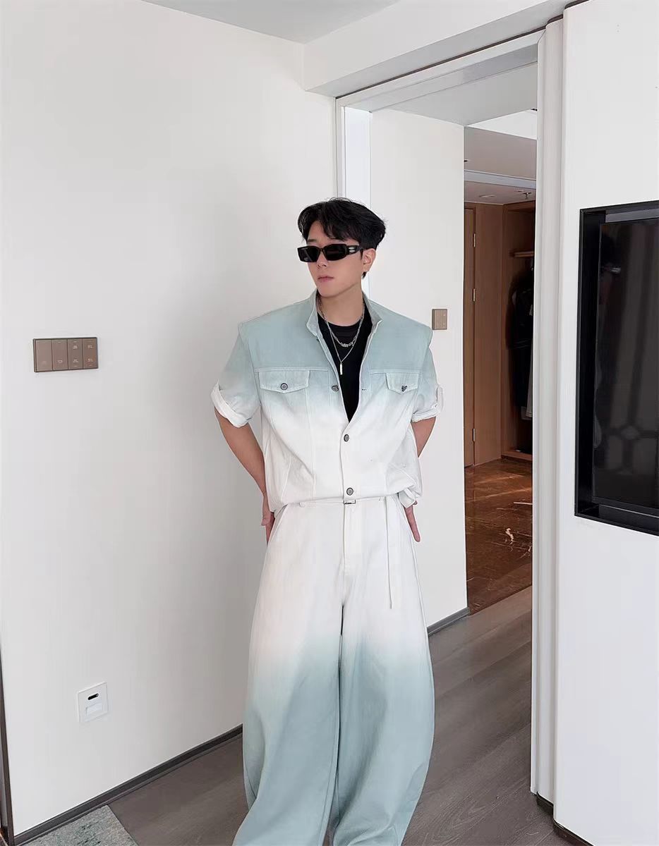 Gradient Short Sleeve Denim Suit for Men2025Summer Loose Casual Scimitar Wide-Leg Pants Jacket Set