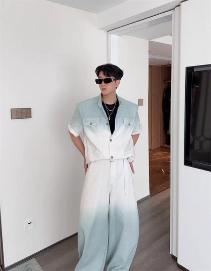 Gradient Short Sleeve Denim Suit for Men2025Summer Loose Casual Scimitar Wide-Leg Pants Jacket Set