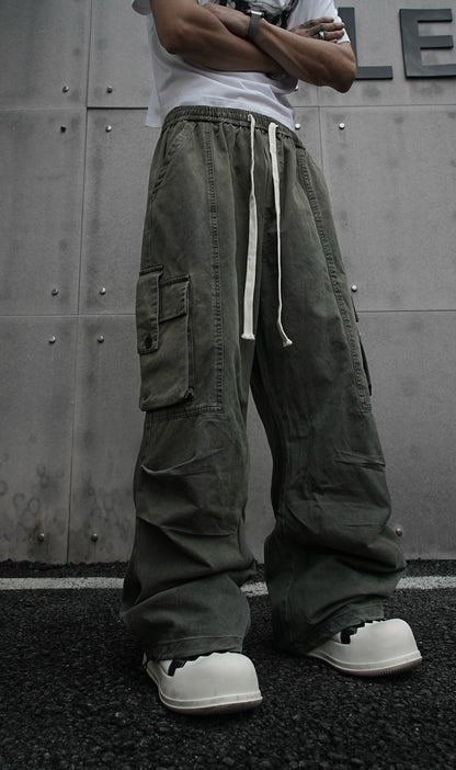 American Retro Wasteland Washed Vintage Multi-Pocket Cargo Pants Unisex Trendy Loose Straight Wide-Leg Casual Long Pants