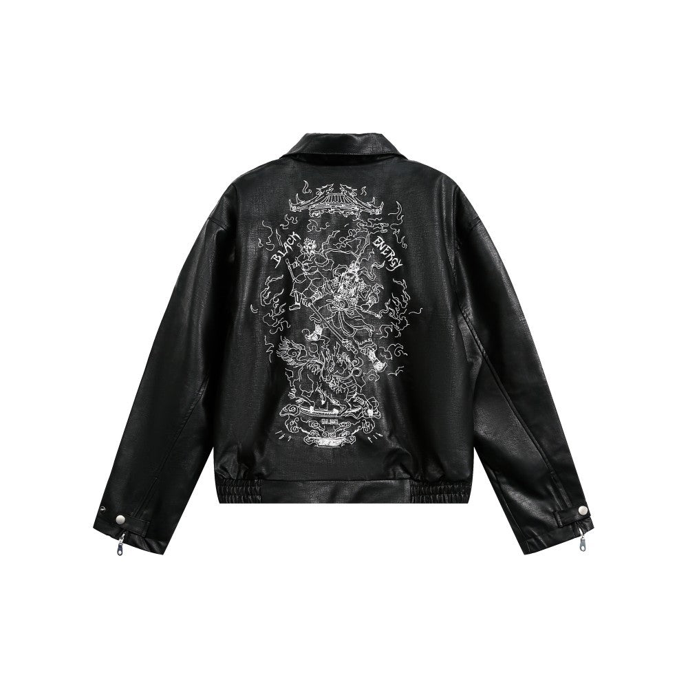 European and American Heavy Embroidery Lapel Loose Short Zipper Leather Jacket Coat