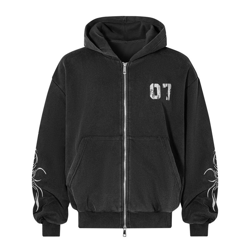 European and American High Street Dark Style Embroidered Hooded Zipper Sweatshirt for Men Spring and Autumn Trendy Brand Street Retro Loose Jacket ins