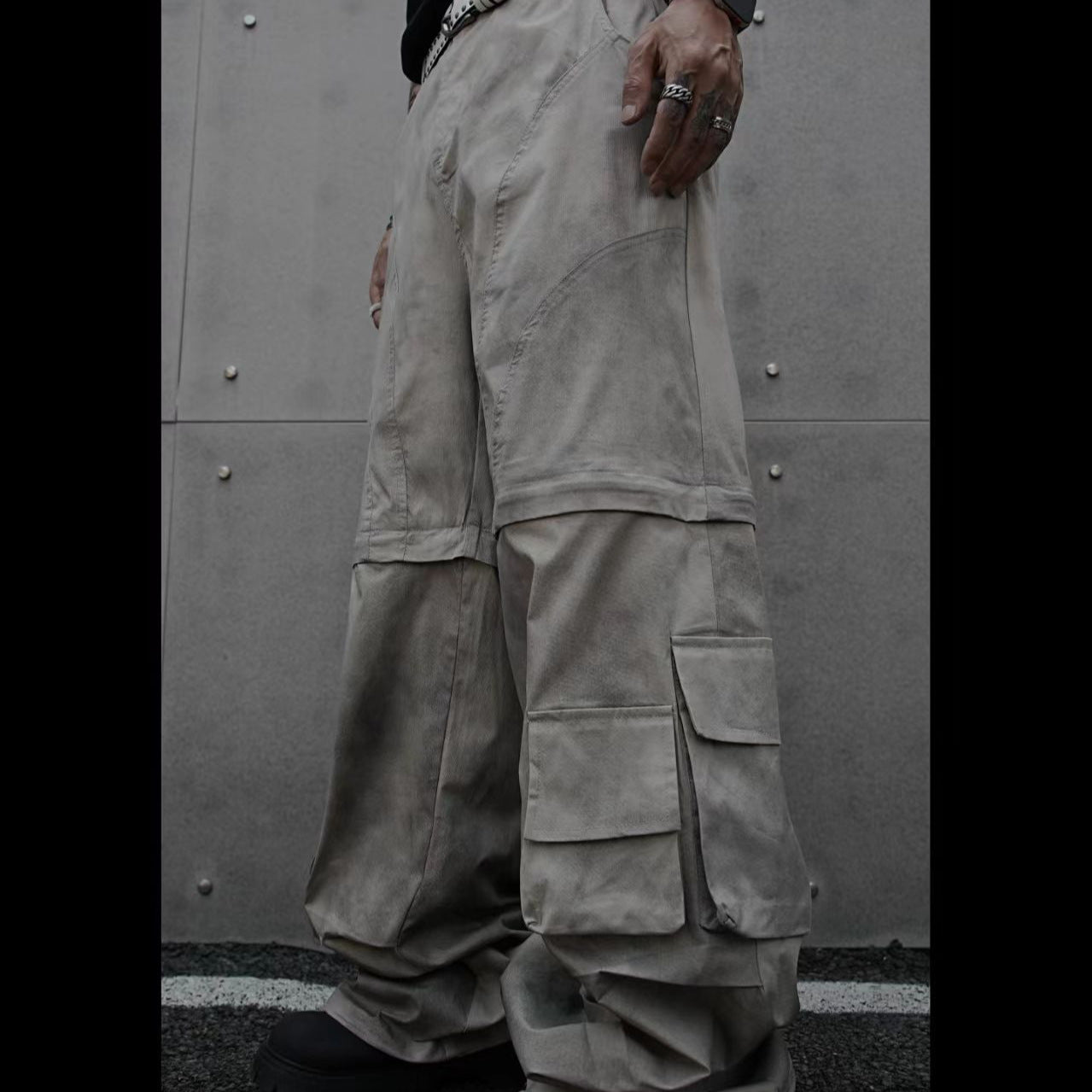 European and American Style Long Design Sense Wasteland Vintage Dirty Dyed Cargo Pants for Men and Women with Detachable Multi-Pocket Zipper Hip-Hop Street Dance