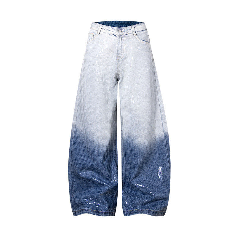 Original Early Autumn New American Retro Street Style High Waist Slimming Rhinestone Gradient Design Loose Wide Leg Jeans