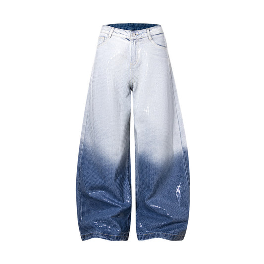 Original Early Autumn New American Retro Street Style High Waist Slimming Rhinestone Gradient Design Loose Wide Leg Jeans