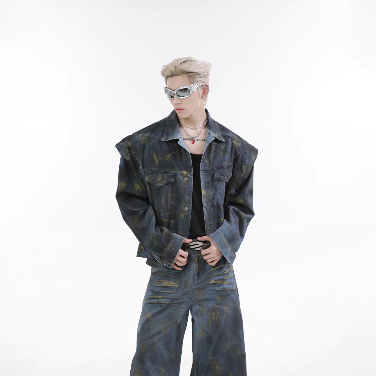 Spring and Autumn Med Vintage Scratched Denim Jacket for Men, Casual Loose Straight-Leg Pants