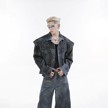 Spring and Autumn Med Vintage Scratched Denim Jacket for Men, Casual Loose Straight-Leg Pants