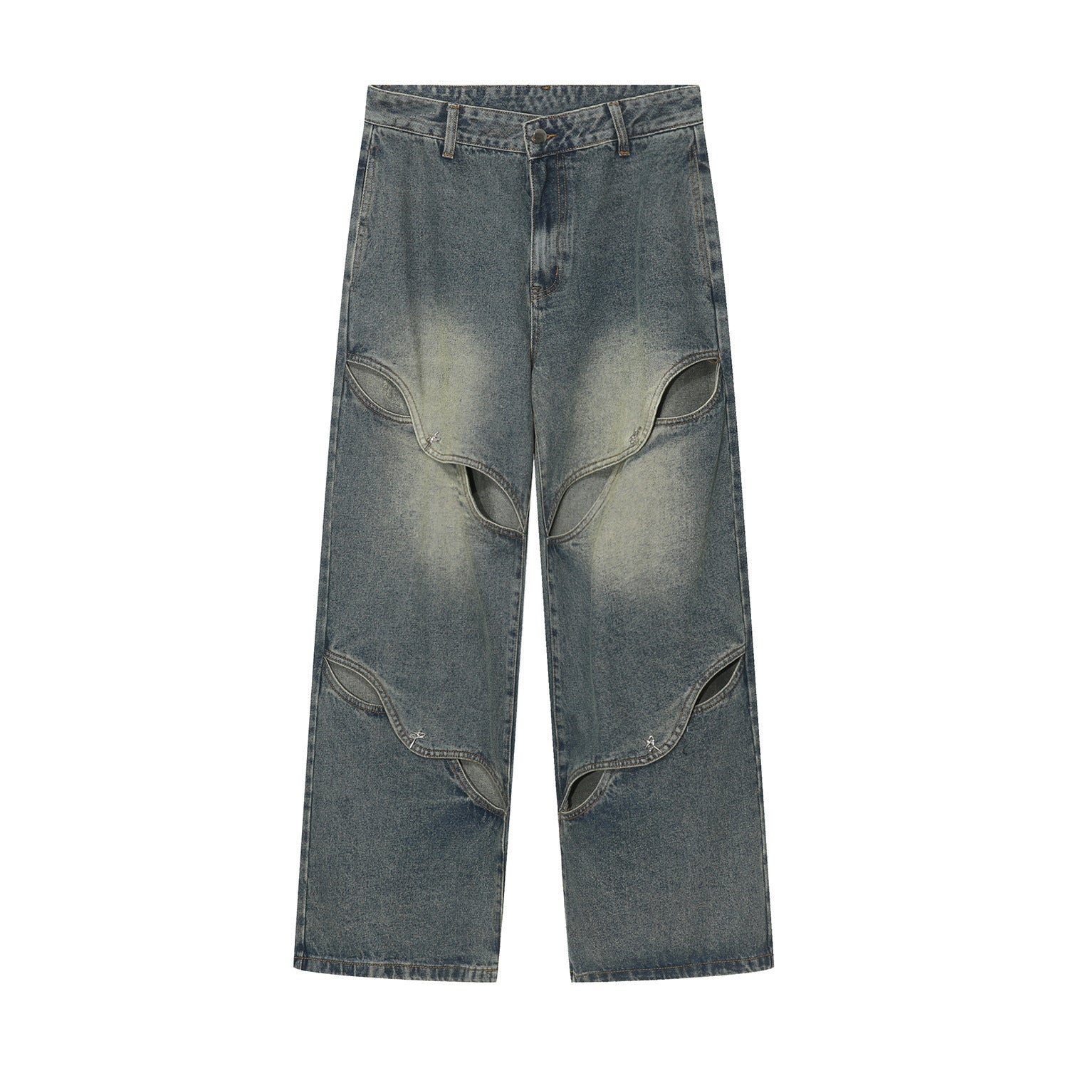 Spring Summer Casual Niche Deconstructed Metal Button Design Wide-Leg Jeans Hollow Loose Pants High Waist Wide-Leg
