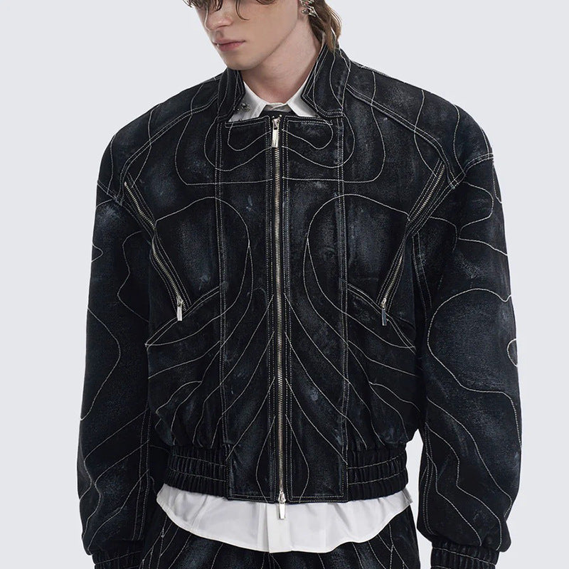 High Street Functional Style Patchwork Embroidered Distressed Denim Jacket Outerwear with 3D Draping Design Short Jacket Fashion Brand