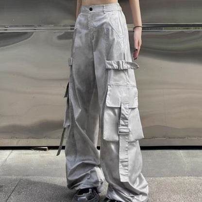 American Style Dirty Gray Wide-Leg Cargo Pants for Men and Women with Ribbon Jazz Hip-Hop High Street hiphop Straight-leg pants