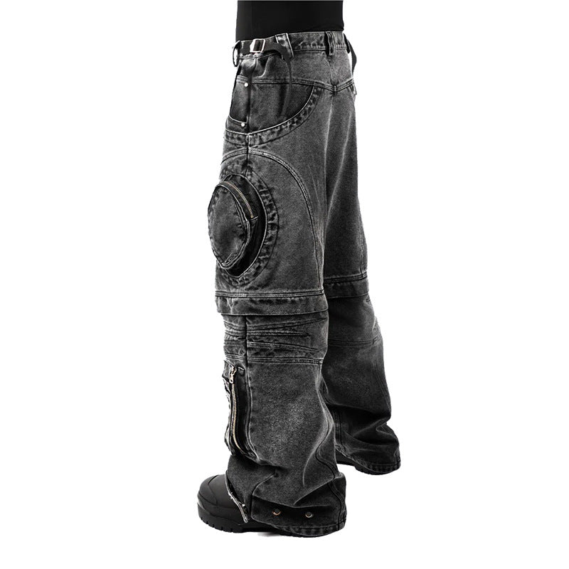 American High Street Jeans for Men and Women Retro Street Style Distressed Washed Zipper Large Pocket Loose Straight Workwear Pants