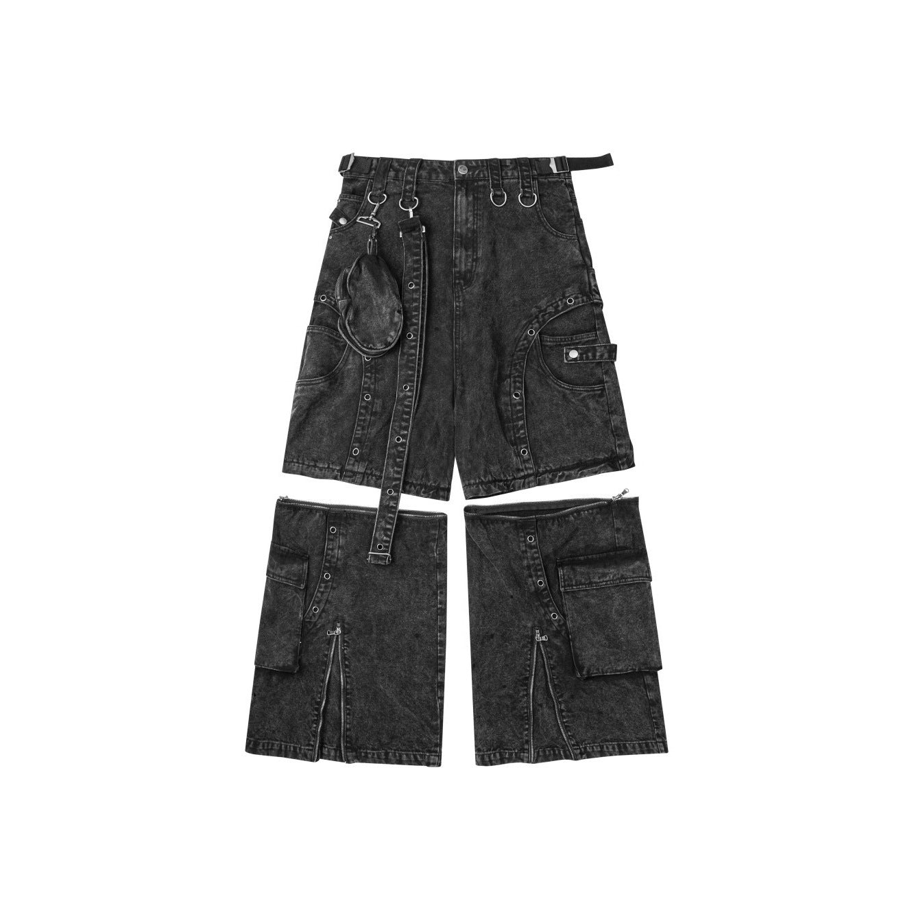 American Heavy Industry High Street Multi-Pocket Jeans for Men and Women, Detachable Vintage Metal Ring Decorated Wide-Leg Cargo Pants