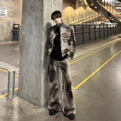 American High Street Retro Distressed Wasteland Style Washed Wrinkled Flared Jeans for Men European and American Wide-Leg Pants Trendy Long Pants