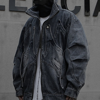 American Retro Niche Stand Collar Ink Splash Zipper Jacket Men High Street Deconstructed Design Loose Cool Denim Jacket