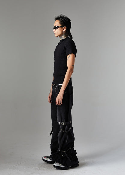 Trendy High Street Loose Retro Straight-Leg Drawstring Cargo Pants Men's Street Style Y2K Zipper Decorated Jeans