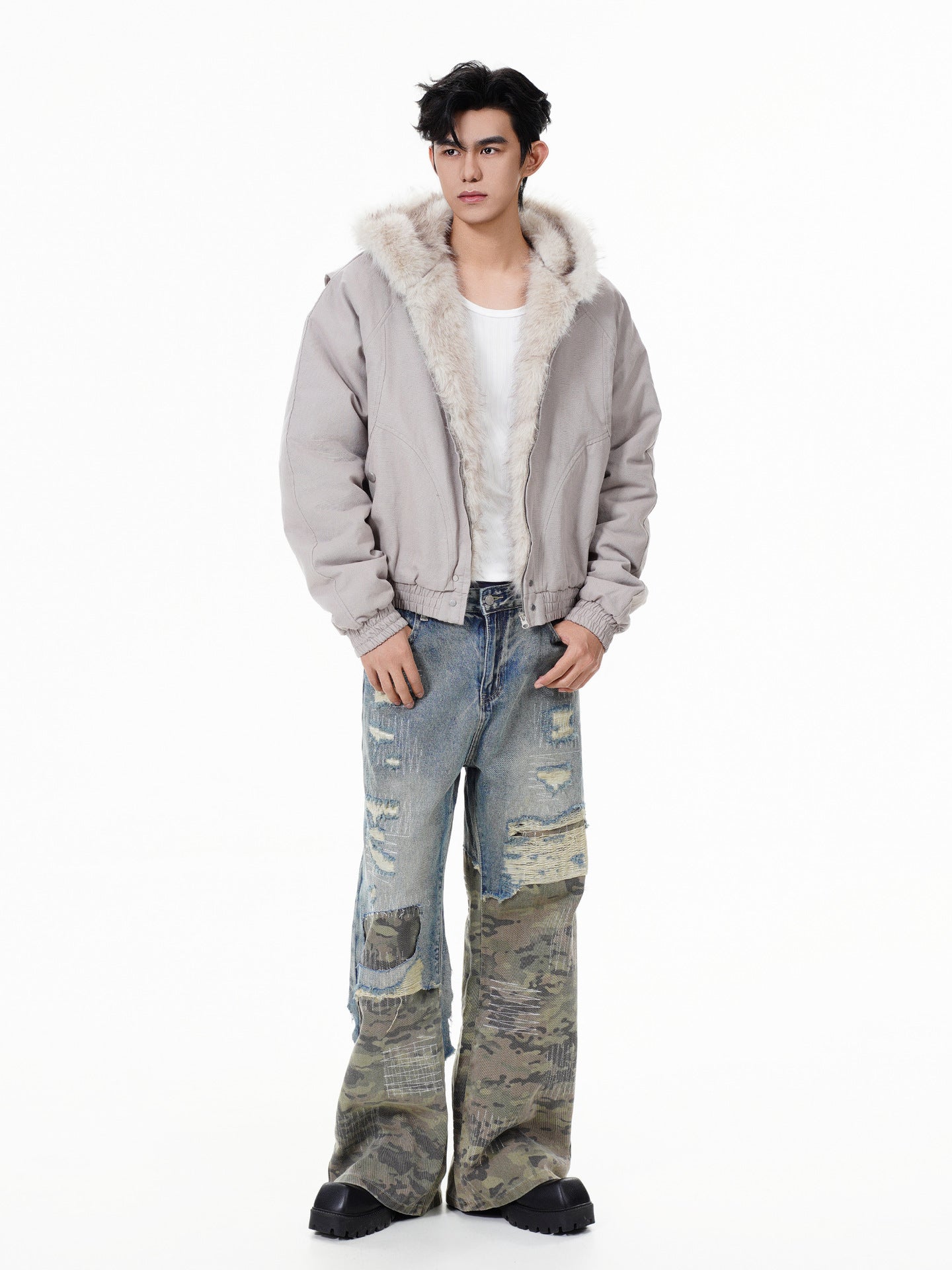 GUOWEAR Pearl Canvas Mountain Eagle Fleece-Lined Jacket American Street Wasteland Style Cotton Coat Men's Fleece-Lined Thickened Jacket