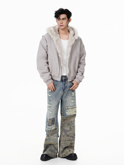 GUOWEAR Pearl Canvas Mountain Eagle Fleece-Lined Jacket American Street Wasteland Style Cotton Coat Men's Fleece-Lined Thickened Jacket