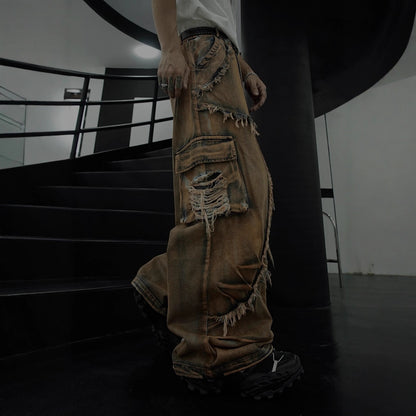 American Retro Original Patchwork Niche Design Jeans Distressed Frayed Edge Star Loose Straight Jeans