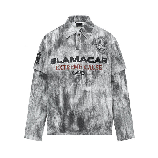 Distressed Dirty Color Long Sleeve POLO Men's Trendy Brand Design Patchwork Fake Two-Piece Loose Hip-Hop Top Patchwork Design