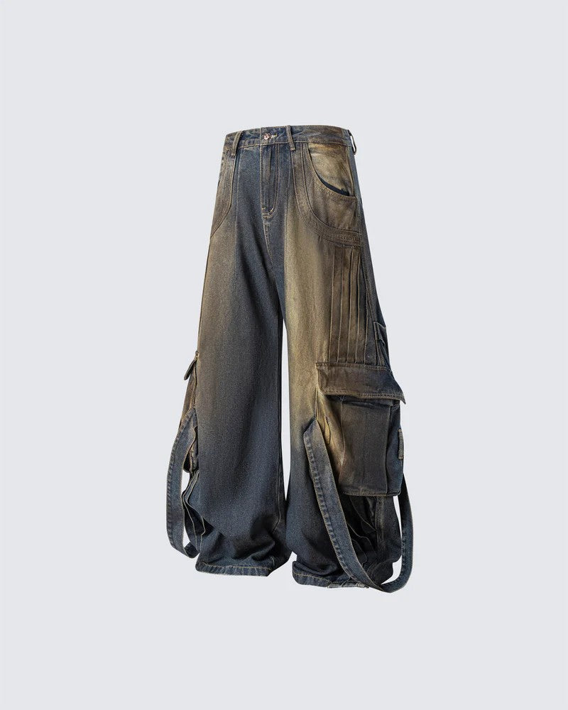 European and American Heavy Washed Multi-Pocket Jeans for Men Street Retro Loose Vintage Design Wide-Leg Floor-Length Pants
