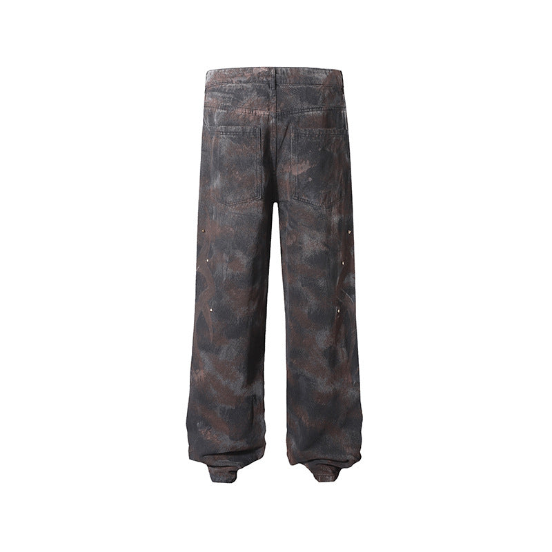 American-style Tie-dye Washed Vintage Loose Cargo Pants for Men Street Hip-Hop Jogger Jeans Trendy Designer Style