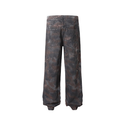 American-style Tie-dye Washed Vintage Loose Cargo Pants for Men Street Hip-Hop Jogger Jeans Trendy Designer Style