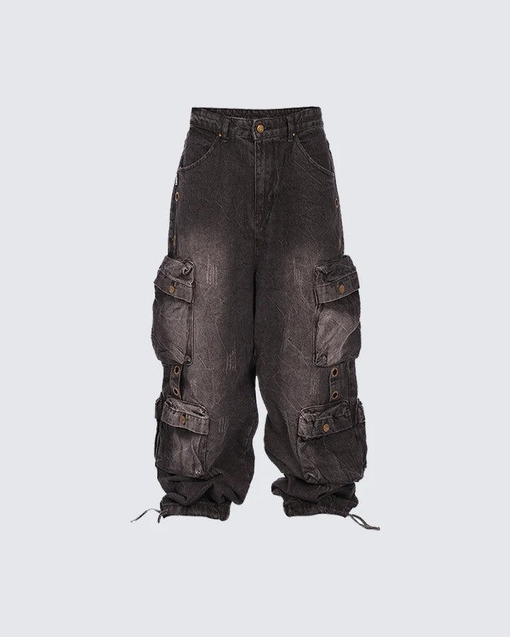 Street Style New Fashion Smoke Gray Patchwork Multi-Pocket Cargo Pants Street Washed Vintage Long Wide-Leg Pants
