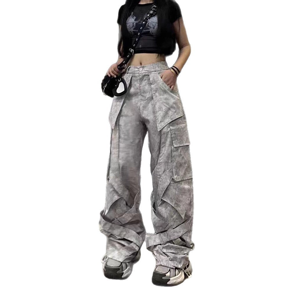 Cross-Border American Style Dirty Gray Street Dance Wide-Leg Cargo Pants Unisex Straight-Leg Casual Pants Ribbon Hip-Hop High Street Floor-Length Pants