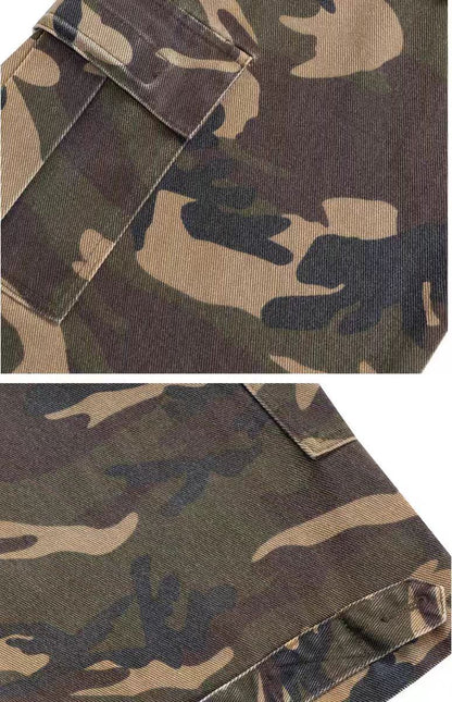 Parisian style vibe Heavyweight Patchwork Fake Two-Piece Vintage Camouflage Functional Loose Cargo Trendy Hip-Hop Jeans